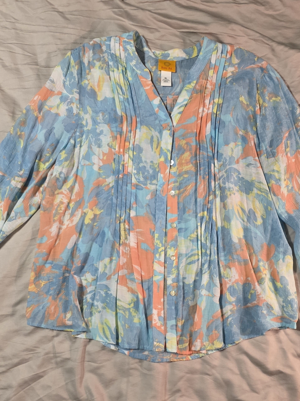Ruby Rd. Watercolor Floral Pintuck Button-Down Blouse - Blue & Coral - Flowy